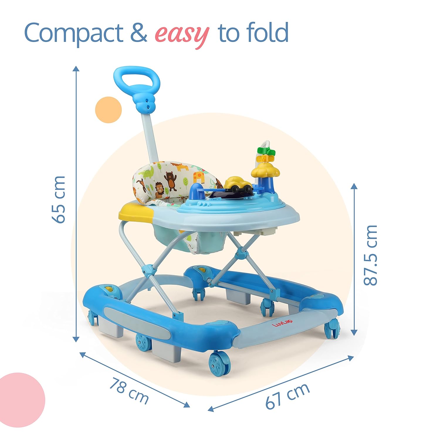 Usmile Toys LuvLap Comfy 2-in-1 baby walker in yellow and green, featuring a cushioned seat with animal print and integrated rattling toys. www.usmile.toys